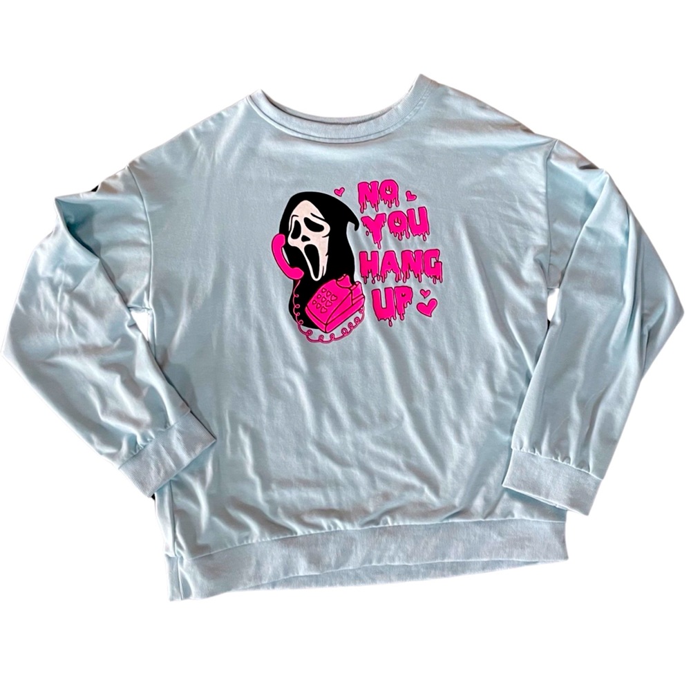 Women’s Halloween Sweatshirt, Scream, You Hang Up, 2XL, Blue/Pink